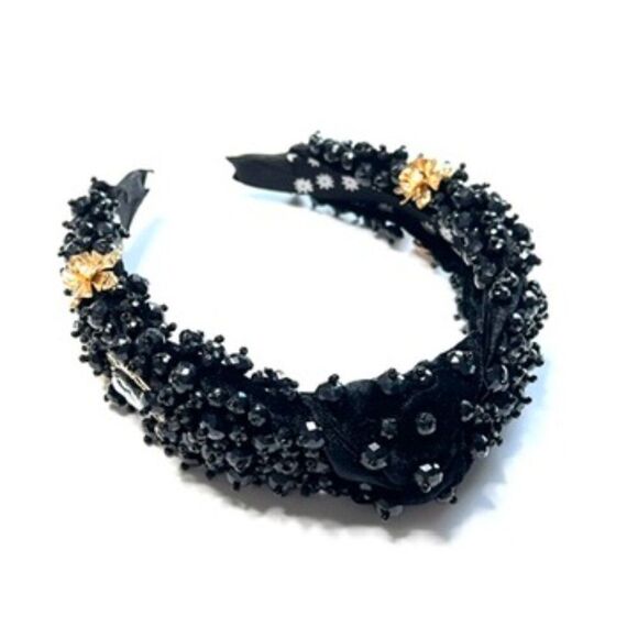 Statement Velvet Black Beaded Headband w/ Gold Cameo & Gem Embellisment - Picture 2 of 4